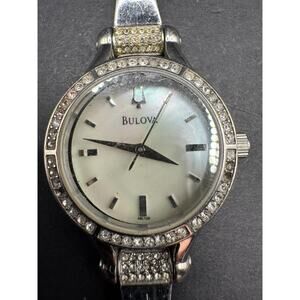 Bulova Quartz Watch 96L128 Women Silver Tone Rhinestone MOP Dial Analog